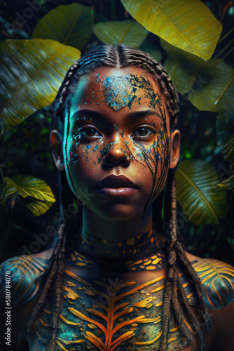 Beautiful teenage tribe girl with facial paintings, serious face portrait on dark jungle background with copy space, generative ai © J S