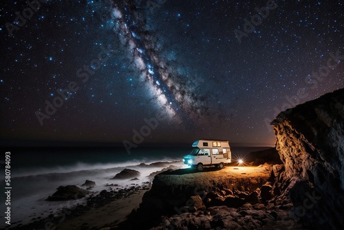 Valokuvatapetti Campervan under the Milky Way on a rocky beach at night
