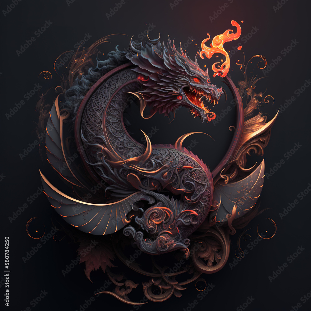 Fototapeta premium dragon, asian dragon, chinese ornament, chinese zodiac, head only, portrait, detailed ornaments, fire style