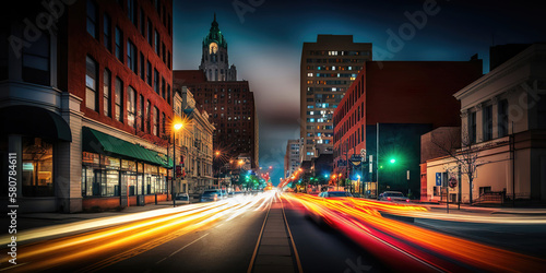 long exposure lights, traffic at night in the city, generative ai