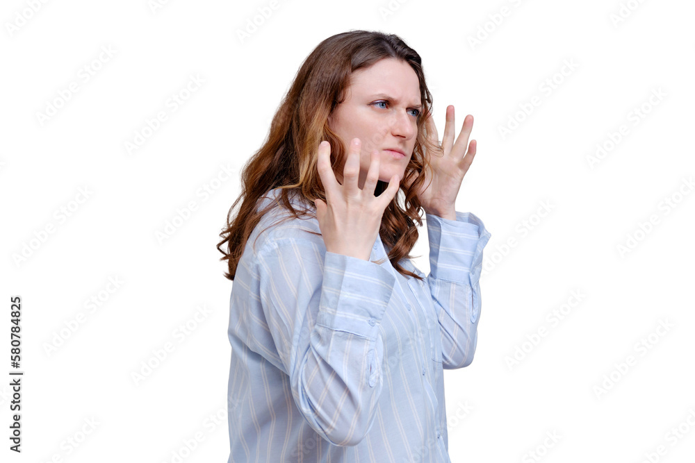 Portrait of an adult woman in a blue shirt, isolated on a white background Portrait of an adult woman in a blue shirt, isolated on a white background