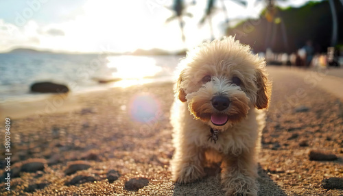adorable cute dog puppy at sunset on the beach, generative ai