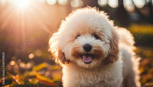 adorable cute dog puppy at sunset in the park, generative ai