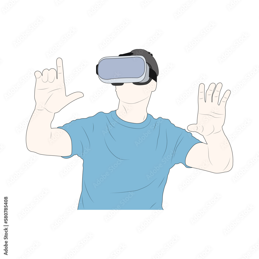 The young man wearing a VR headset and trying a new experience on white background