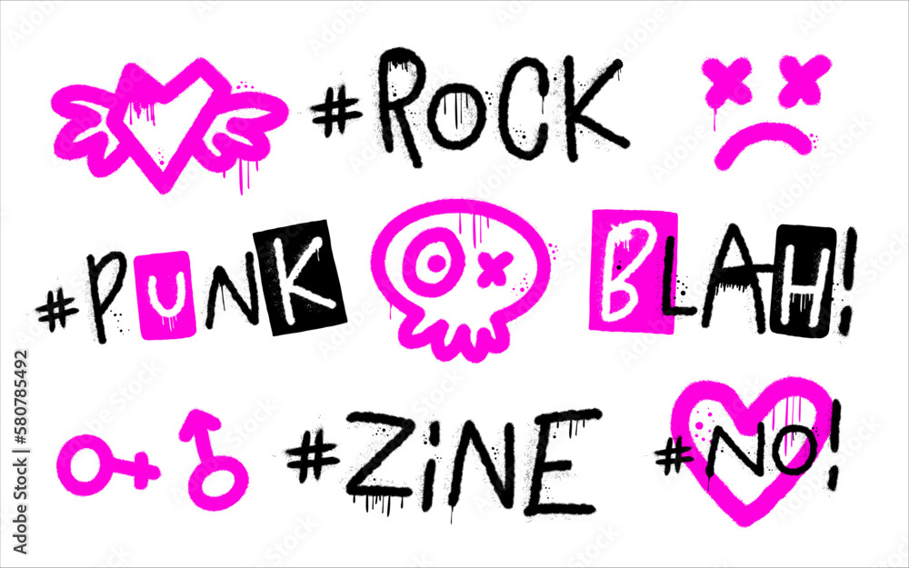 Graffiti grunge urban street art. Punk retro style set. Spray effect
