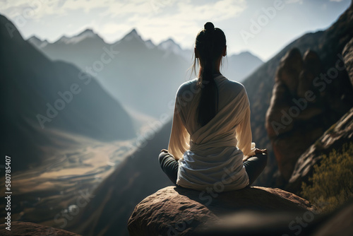 silhouette of a person meditating in the mountains  young woman doing zen yoga meditation  generative ai