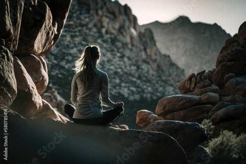 silhouette of a person meditating in the mountains, young woman doing zen yoga meditation, generative ai