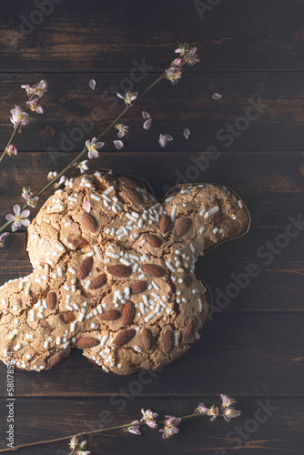 Сolomba pasquale - Italian sweet Easter bread or cake with almonds and powdered sugar and candied fruits. The baked dove is a symbol of Christ and the Easter holiday