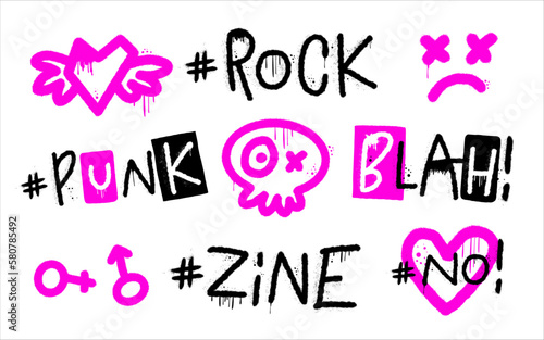 Graffiti grunge urban street art. Punk retro style set. Spray effect for print tee and poster design. Cyberpunk artwork design. 80s, 90s, 00s style.