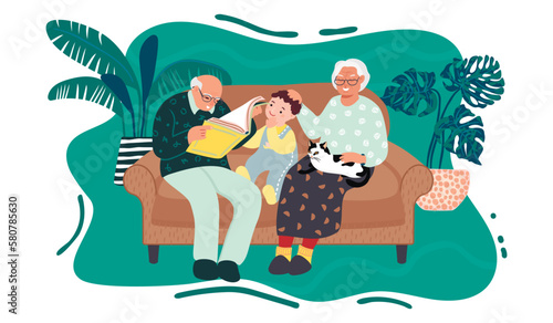 Grandfather, grandmother and grandson are reading a book together.Happy characters are sitting on the sofa with a cat and house plants.Communication between generations.Vector flat illustration.