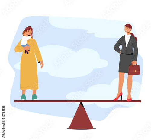 Woman Standing On Scales Choose Between Career And Motherhood. Internal Struggle And Difficult Choices