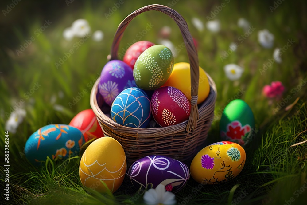 Basket of easter eggs on green grass at sunny day, generative ai Basket of easter eggs on green grass at sunny day, generative ai