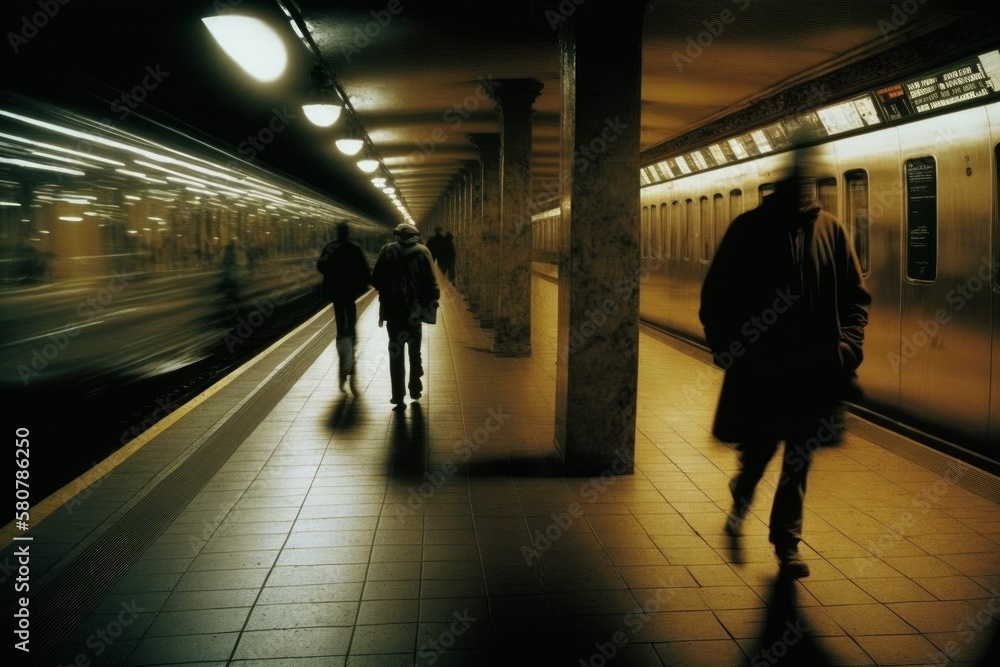 The subway spaces, there are people walking around, long exposure, liminal place, AI generated