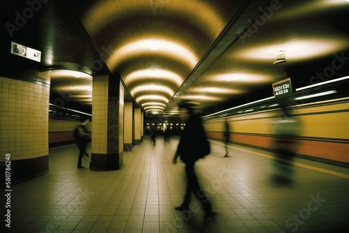The subway spaces, there are people walking around, long exposure, liminal place, AI generated