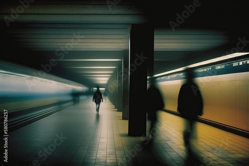 The subway spaces, there are people walking around, long exposure, liminal place, AI generated