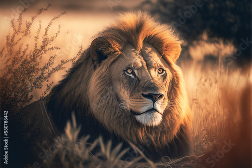 A strong lion with serious expression on his face.