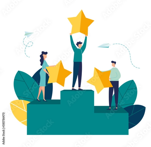 podium leadership star qualities in creative team, direction to successful path, pedestal small people winner, successful career, building rating. Vector illustration of business