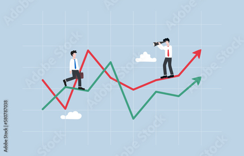 Competitve analysis, evaluating business strength and weakness of competitor, developing strategy to gain market advantage concept, Businessman on analyzing rival on another graph through telescope.