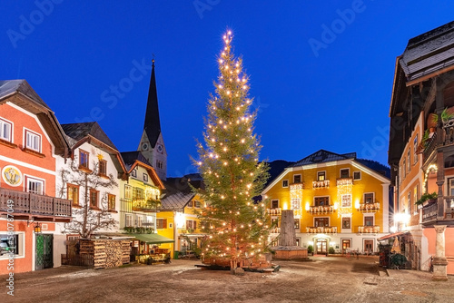 Christmas Market Square of Hallstatt mountain village in the Austrian Alps at night, Austria
