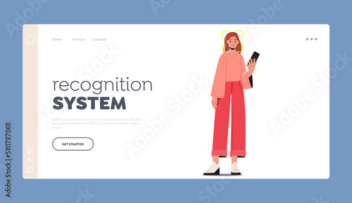 Facial Recognition Technology Landing Page Template. Female Character Scanning Face Id on Smartphone, Identification