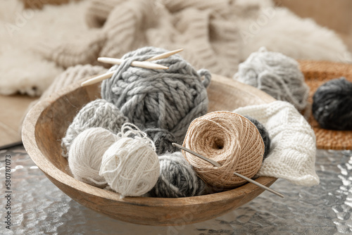 Composition with threads, yarn for knitting close-up.