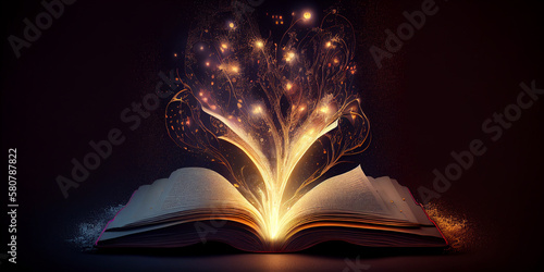 Magic Book With Open Pages And Abstract Lights Shining In Darkness - Literature And Fairytale Concept