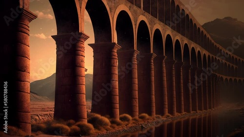 animation - ancient ruined Roman aqueduct