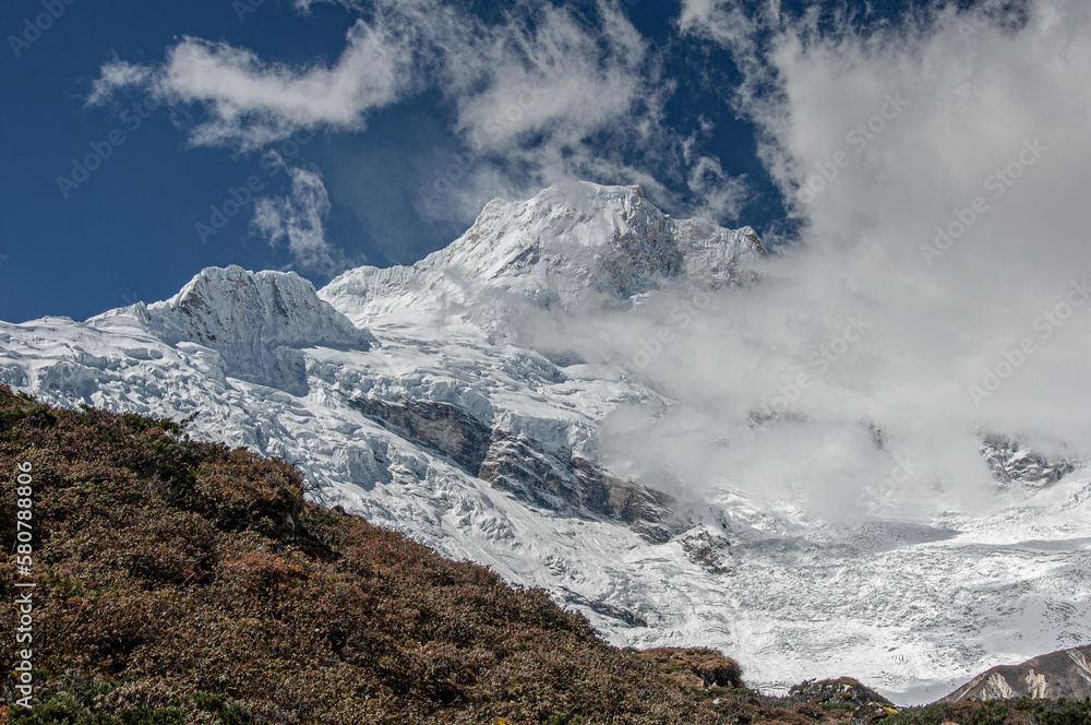 View of Mansiri Himal and Manaslu mountain, a small, high mountain range of the Himalayas in north-central Nepal