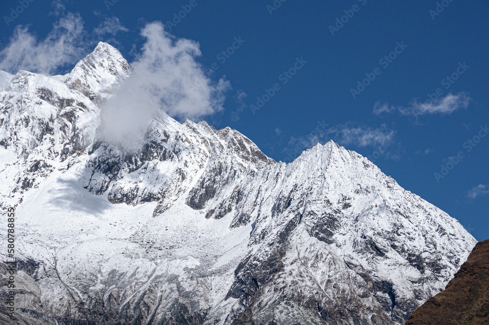 Naklejka premium View of Mansiri Himal and Manaslu mountain, a small, high mountain range of the Himalayas in north-central Nepal