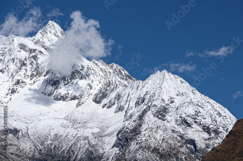 View of Mansiri Himal and Manaslu mountain, a small, high mountain range of the Himalayas in north-central Nepal © MoVia1