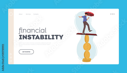 Financial Instability Landing Page Template. Business Man with Umbrella Balance On Coin. Precarious Nature Of Finances