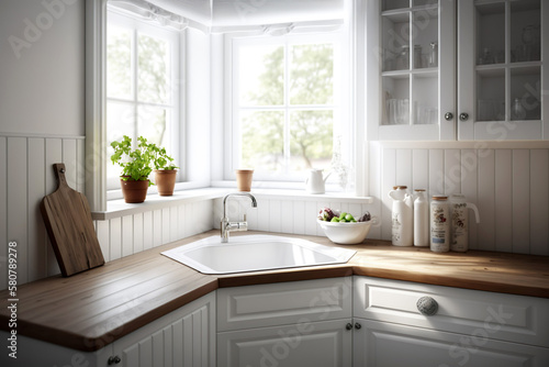 Corner sink in a white kitchen. Generative Ai.