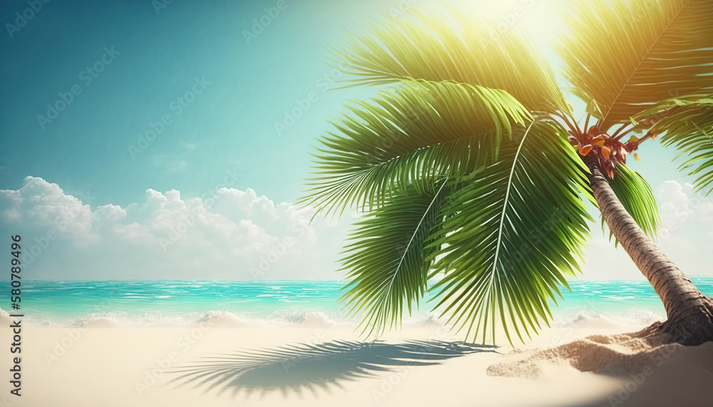 Illustration of tropical nature clean beach and white sand in summer with palm tree. Tropical beach with palm trees and a lot of copy space. 3D realistic illustration. Based on Generative AI
