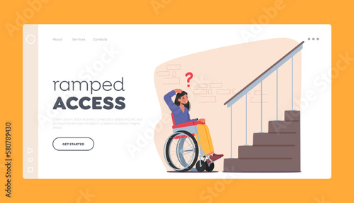 Ramped Access Landing Page Template. Female Character on Wheelchair Trying to Access Building Porch without Ramp