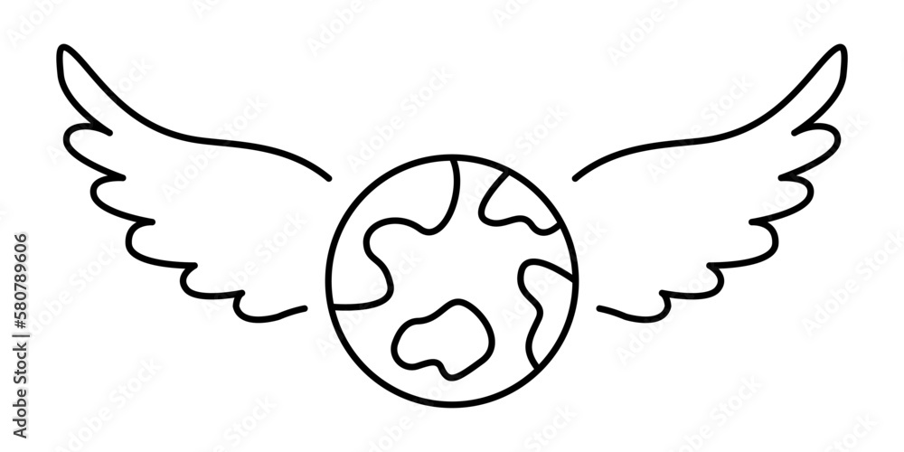 Planet with wings vector icon. World travel vector icon. World peace vector. Flying planet icon. Angel wings behind the planet vector. Planet with wings vector icon. World travel vector icon. World peace vector. Flying planet icon. Angel wings behind the planet vector.
