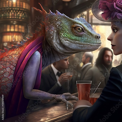 Dialogo in un pub tra una donna e una lucertola. photo