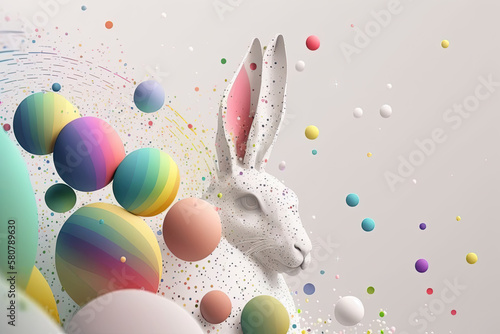 fantasy abstarct design amazing 3d Easter bunny and ornated painted rainbow colourd egg on white background. Happy Easter magical,generative ai. photo