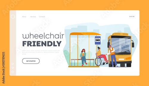 Accessibility And Inclusivity for Public Transportation Landing Page Template. Female Character on Wheelchair Use Ramp