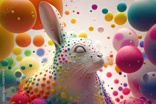 fantasy abstarct design amazing 3d Easter bunny and ornated painted rainbow colourd egg on white background. Happy Easter magical,generative ai.