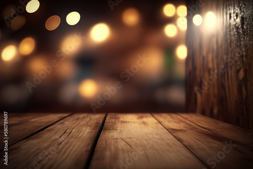image of wooden table in front of abstract blurred background. Generative Ai. © vetre