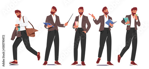 Male Teacher Depicted In Dynamic Poses With Pointer, Books, Eating Sandwich, Hurry At Work Isolated On White Background