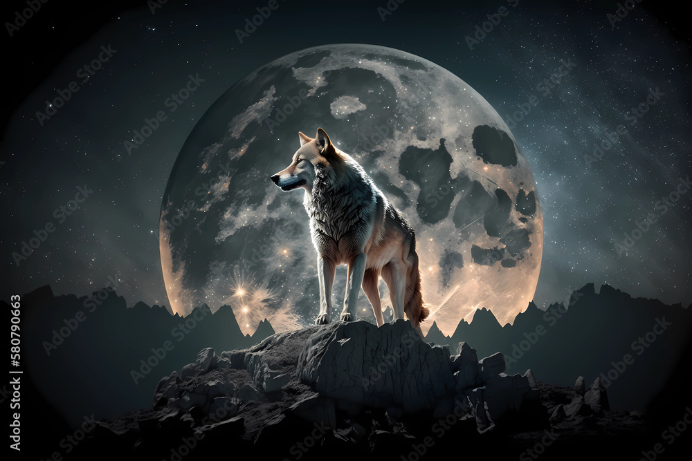 Wolf on the background of the moon. The wolf is on the moon. AI ...