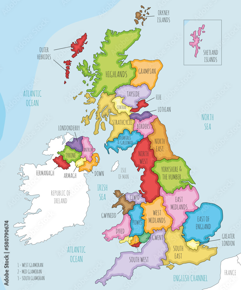 Fototapeta premium Vector illustrated map of UK with administrative divisions, and neighbouring countries. Editable and clearly labeled layers.