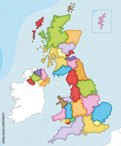 Vector illustrated blank map of UK with administrative divisions, and neighbouring countries. Editable and clearly labeled layers.