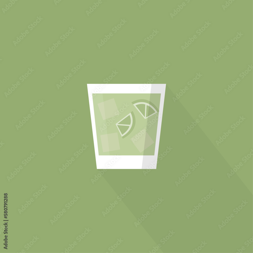 Little mojito drink with straw and lime in a glass with ice on a green background, simplified vector illustration in flat and vintage style Little mojito drink with straw and lime in a glass with ice on a green background, simplified vector illustration in flat and vintage style
