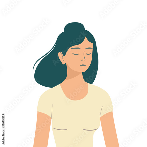 Half body portrait of a beautiful young Asian woman girl in a T-shirt with closed eyes meditating. Design element for applications websites