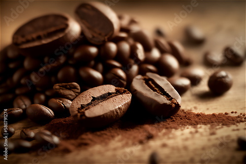 Coffee preparation close-up, pile of roasted coffee beans background, concepts, generative AI.