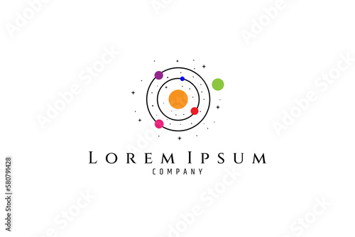 Vector logo in which image of the solar system with circle of planetary orbits and constellations of stars.