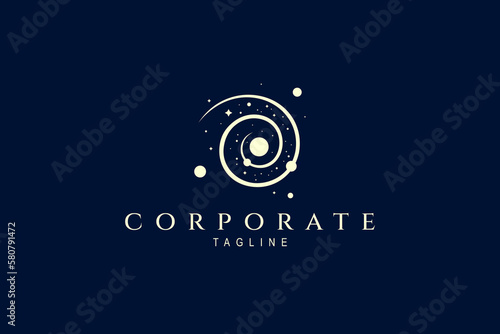 Space galaxy logo design with spiral planet orbits and scattered stars.
