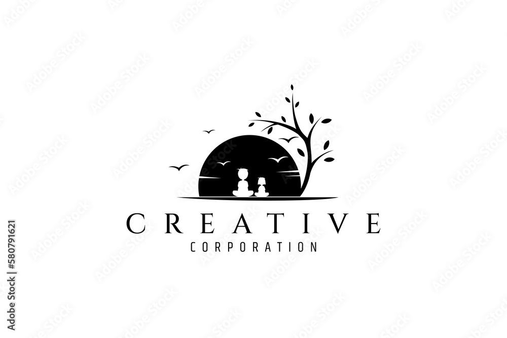 Vector logo design where a boy is sitting with his little sister in the shade of a beautiful tree overlooking the sunset with birds in the sky.